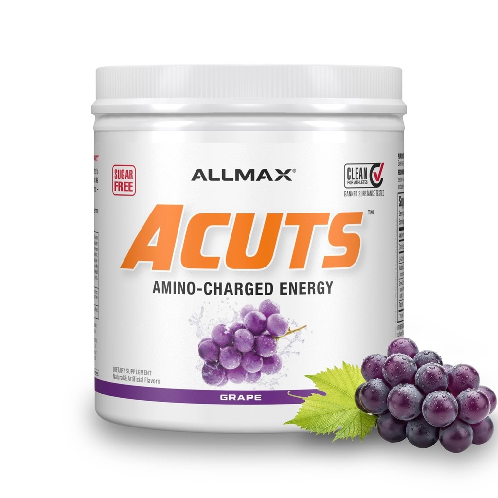 ALLMAX Διατροφικά AMinocuts (ACUTS), Amino-Curged Energy Drink with Taurine, L-Καρνιτίνη, Green Coffee Bean Extract, Grape, 30 Σερβιέτες