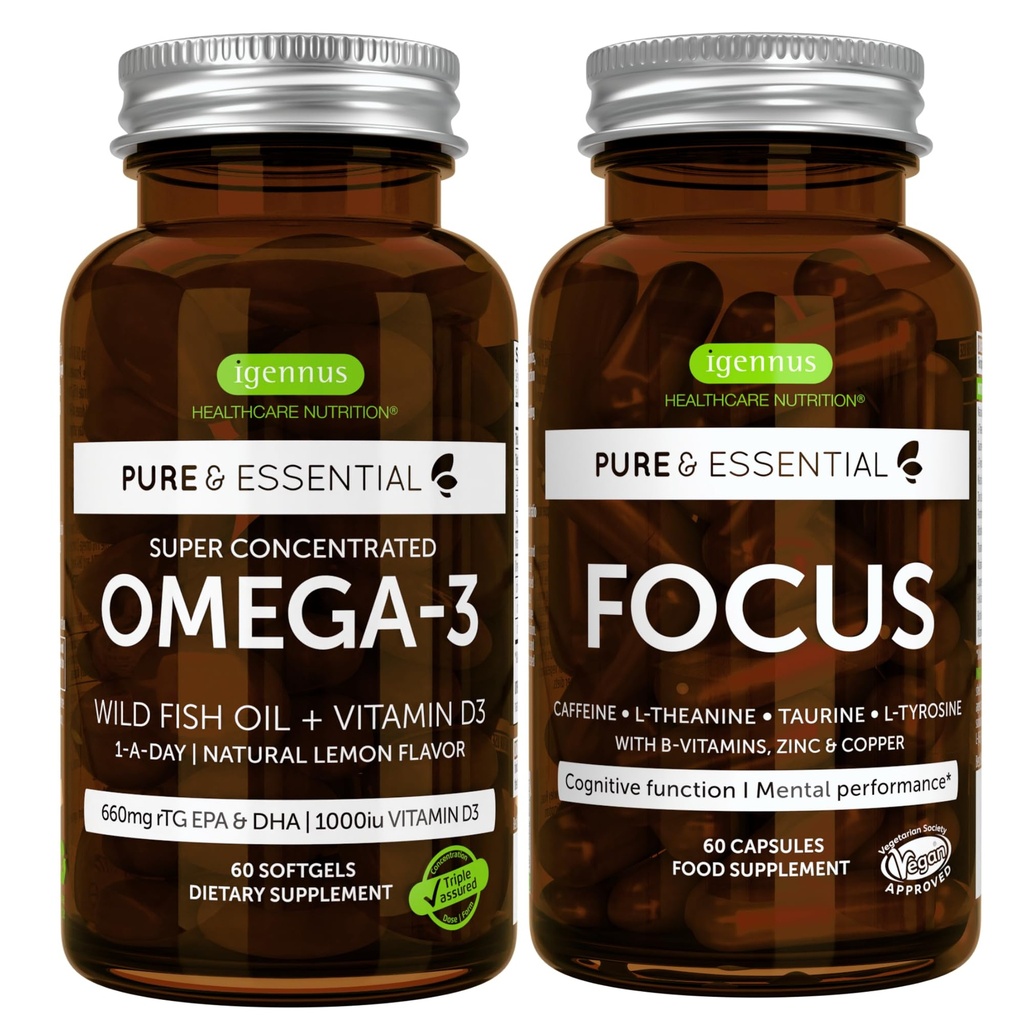 Omega-3 & Βιταμίνη D3 1000iu + Focus Brain Booster Bundle, Fast-Active 1-a-Day EPA & DHA rTG Wild Fish Oil + Καφεΐνη, L-Θεανίνη, Ταυρίνη & L-Τυροσίνη, B-Βιταμίνη, Ψευδάργυρος & Χαλκός, από Igennus