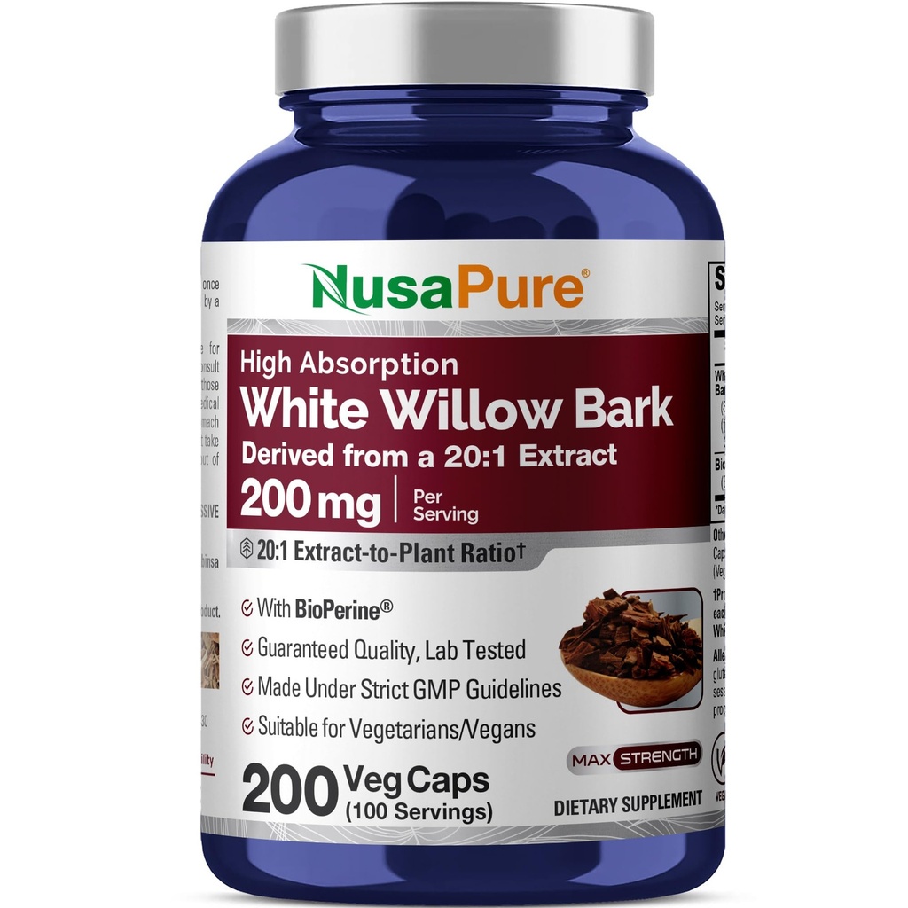 NusaPure White Willow Bark 20:1 Extract, 200 mg Ισοδύναμο με 4000mg, 200 κάψουλες Veggie, Max Strength, (Non-GMO, Vegan)