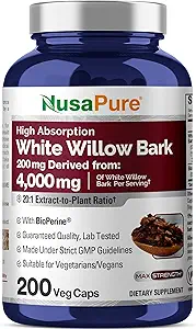 NusaPure White Willow Bark 20:1 Extract, 200 mg Ισοδύναμο με 4000mg, 200 κάψουλες Veggie, Max Strength, (Non-GMO, Vegan)