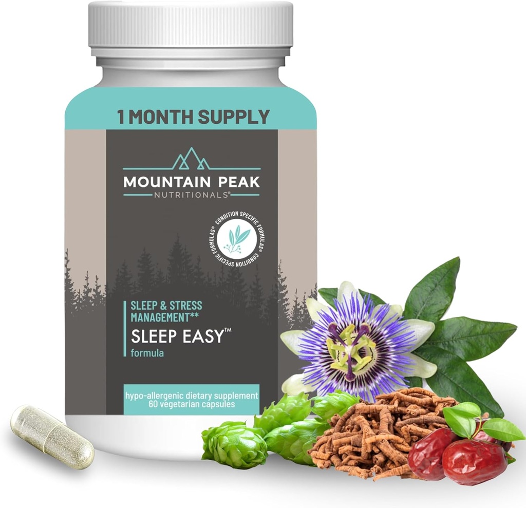 Mountain Peak Nutritionals Sleep Easy - Sleep Support Supplement Promotion A Relaxed & Calm Mood - 5-HTP, Amino Acids, Melatonin, & Magnesium - Hypoallergenic Dietary Supplement (60 Κάψουλες)