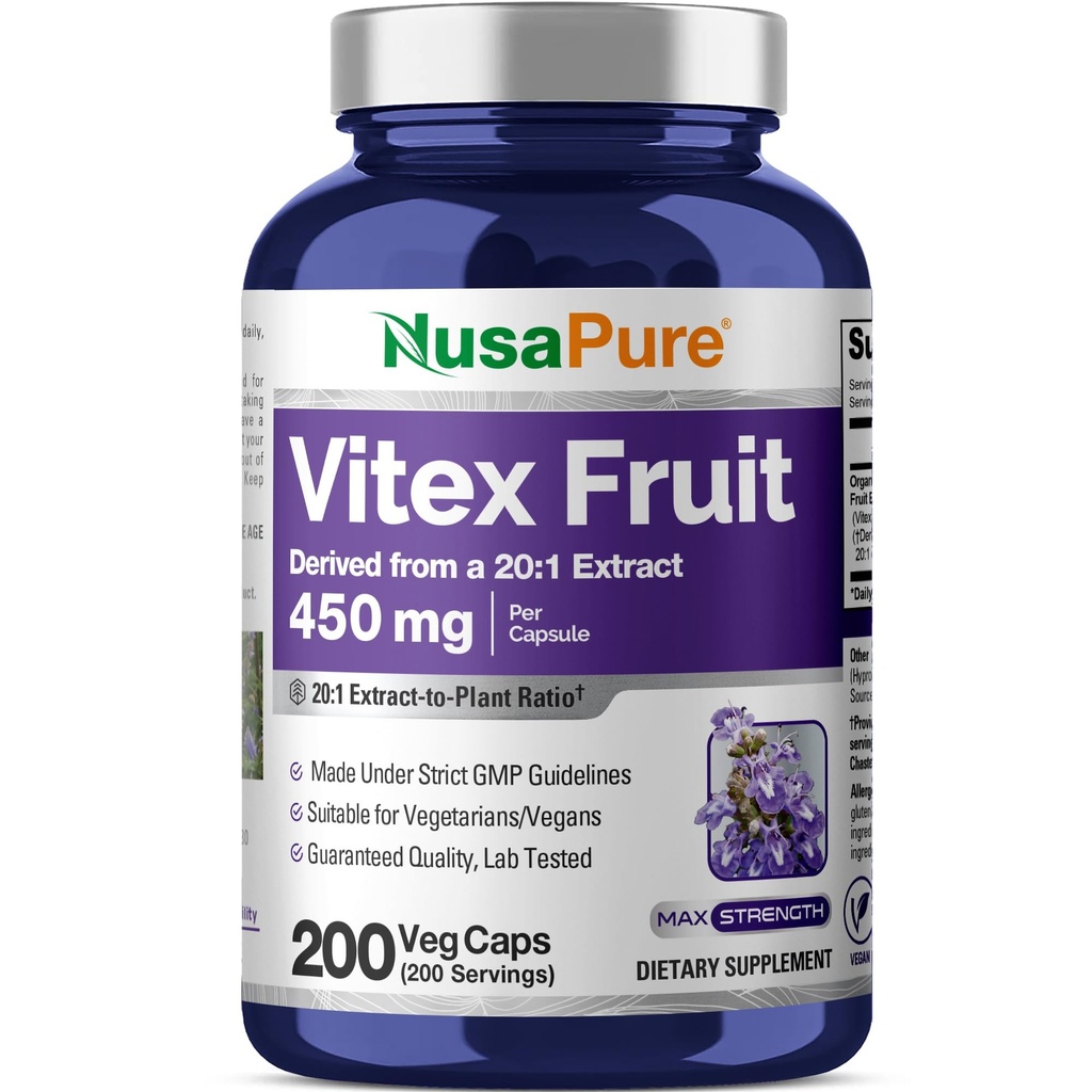 NusaPure Vitex Chasteberry Fruit 20:1 Extract, 450 mg Ισοδύναμο με 9.000 mg 200 Vegan Capses - Μη ΓΤΟ, Vegan Dietary Supplement