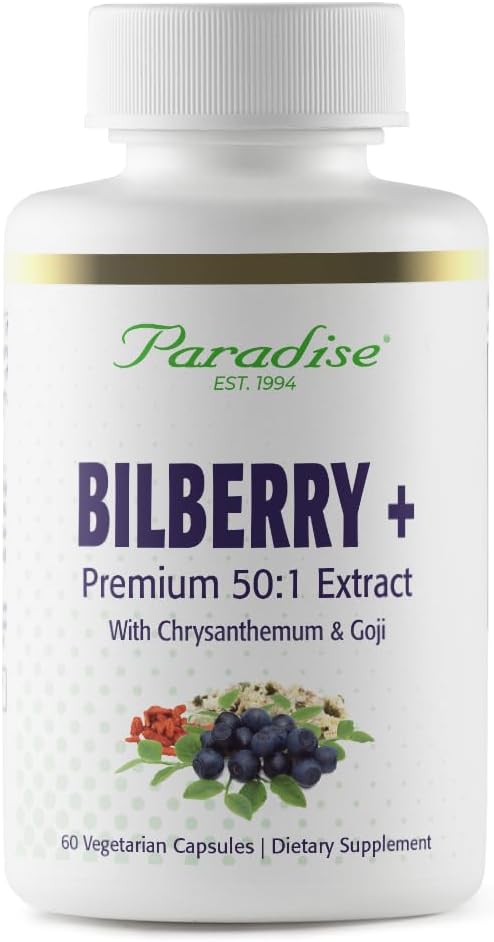 Παραδεισένια Βότανα Bilberry με Συμπληρώματα Goji & Chrysantemum, Super Poent, Ultra Pure, Non-GMO, Gluten Free, Vegan, 60 κάψουλες χορτοφάγων