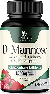 D-Mannose Supplement 1,350 mg with Cranberry & Hibiscus - Effective Fast-Acting, Flush the Impurities for Natural Bladder, Urinary Tract Health Support, for Women and Men, Non-GMO, Vegan, 180 Capsules