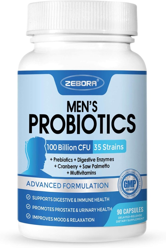 ZEBORA Probiotics for Men 100 Δισεκατομμύρια CFU - Προβιοτικά για Digestive Health, Ανδρικό Προβιοτικό Συμπλήρωμα, Πρεβιοτικά & Ένζυμα, για Prostate Health with Saw Palmetto 