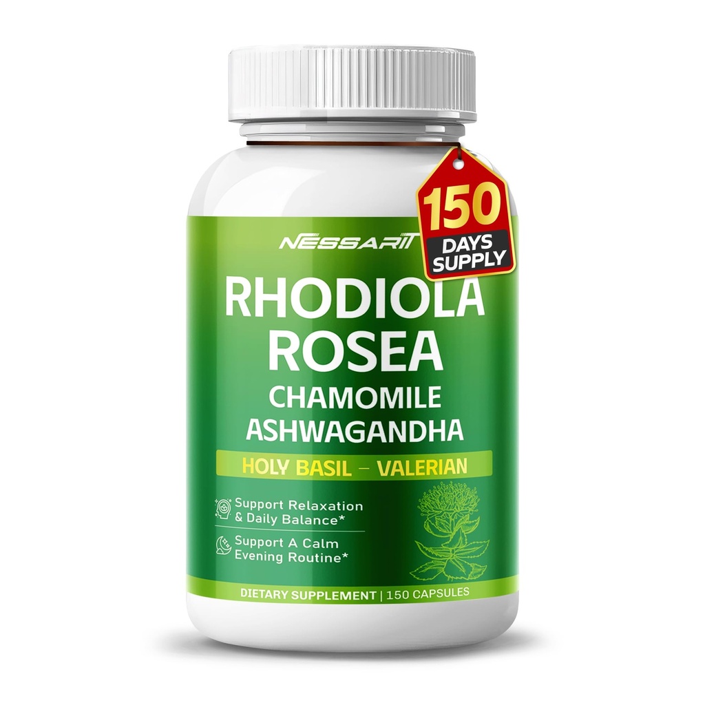 RHODIOLA ROSEA Συμπλήρωμα - 11-σε-1 Φυσική ανάμειξη με χαμομήλι L-Theanine Ashwagandha Holy Basil Valerian Passionflower - 150 Count - Made & Tested in The USA