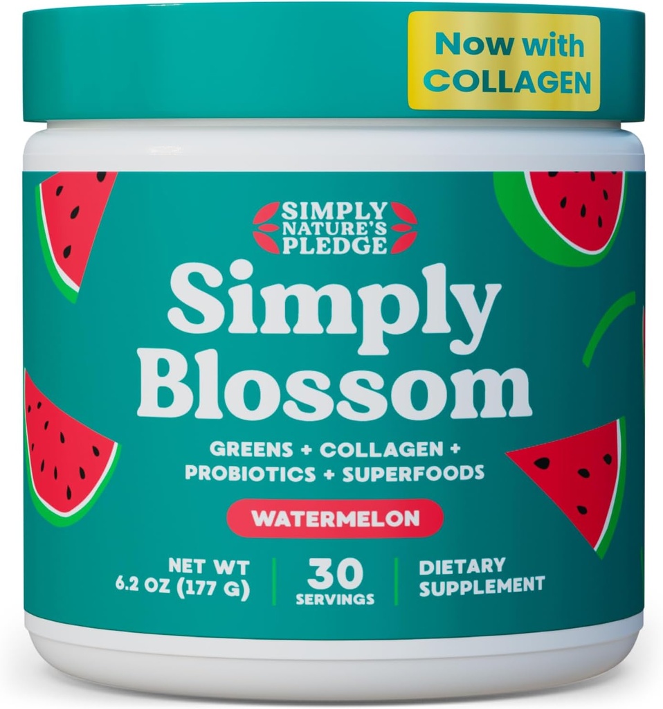 Απλά Blossom Διατροφή Daily Greens & Superfood Powder + Collagen + Probiotics for Women's Digestive Health & Bloating Relief. Βοήθεια για την Υγεία σας Bloom - 30 Ημέρα προσφοράς - Καρπούζι