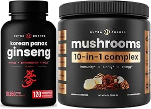 NutraChamps 10-in-1 Mushrooms Powder & Ginseng - Ultimate Energy, Stamina & Cognition Support Bundle.