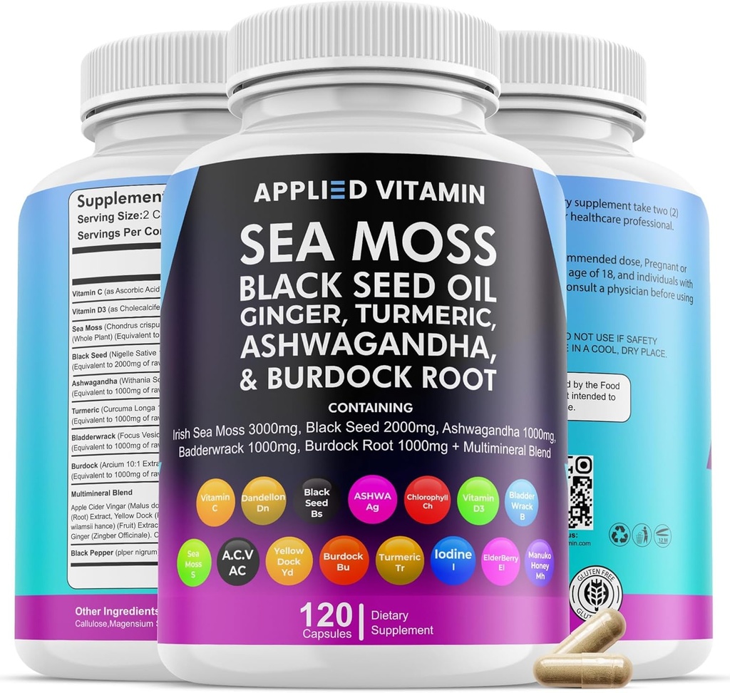 Sea Moss 3000mg Capsules, Organic Immune Support Black Seed Oil, Ashwagandha Supplements, Bladderwrack Organic, Turmeric, Burdock Root Organic, Vitamin C, D3, Vegan Minerals (120)
