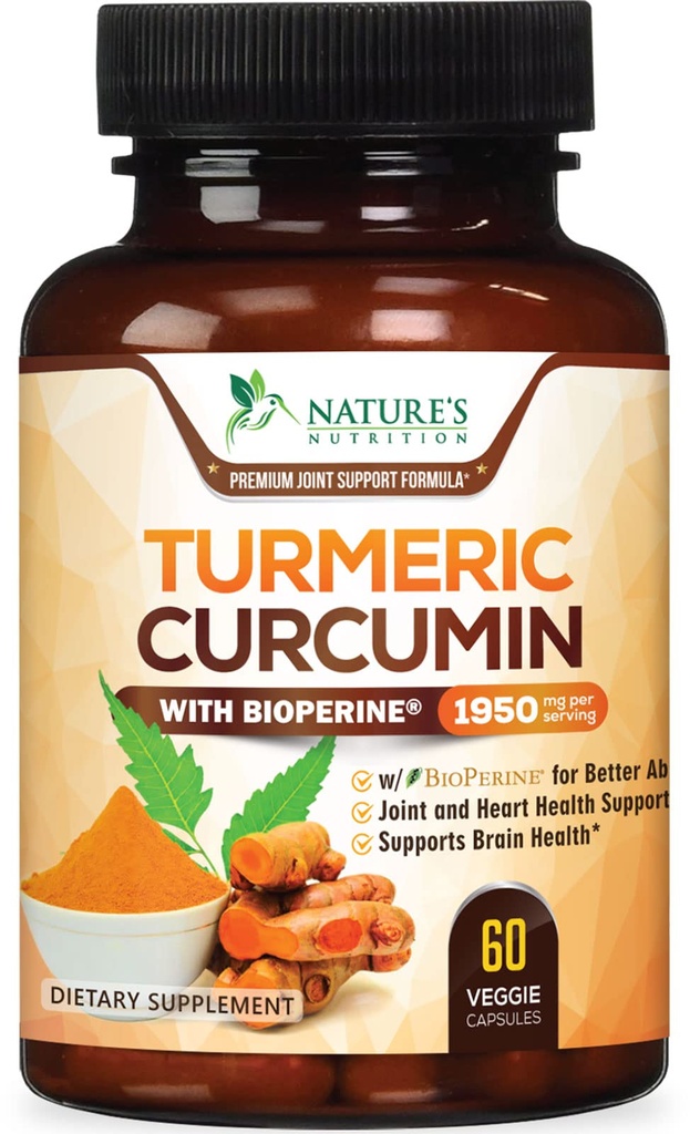 Turmeric Curcumin Supplement - 95% Curcuminoids with Organic Turmeric & BioPerine Black Pepper for Best Absorption - Daily Joint & Immune Health Support, Vegan, Non-GMO, Bottled in USA - 60 Capsules
