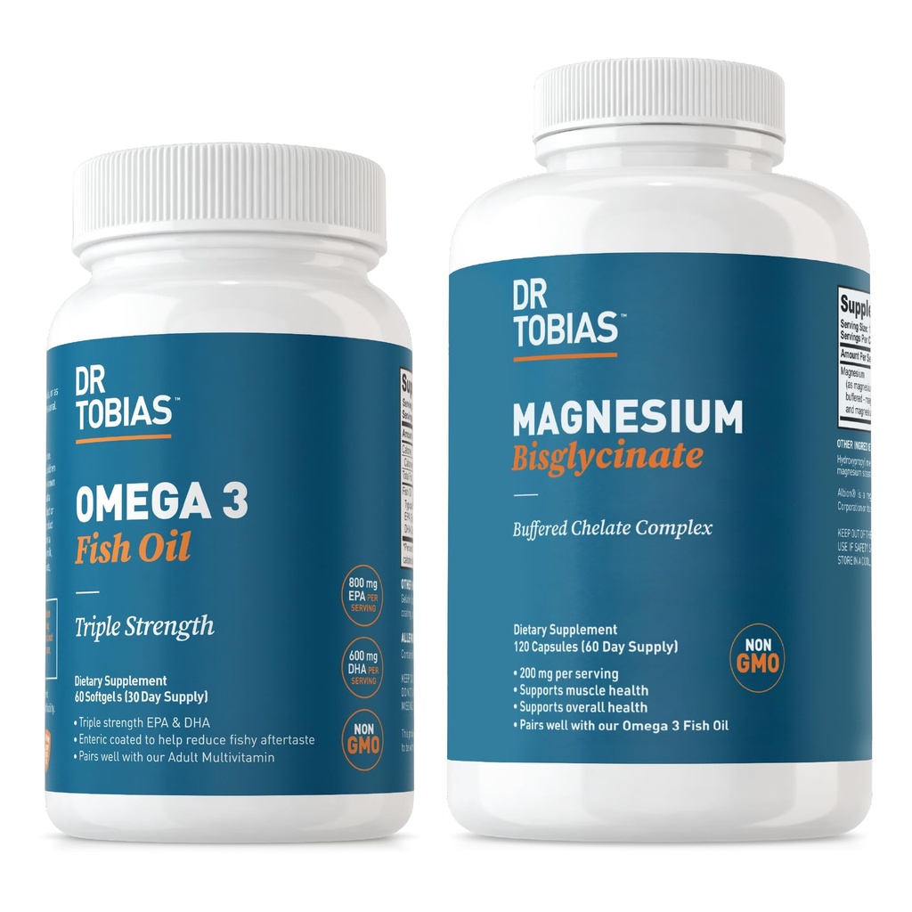 Dr. Tobias Omega 3 Fish Oil & Magnesium Bisglycinate Συμπληρώματα, Υψηλή Απορρόφηση, Υποστηρίζει την καρδιά, τον εγκέφαλο, το ανοσοποιητικό, την ενέργεια, τους μυς, τα οστά και την κοινή υγεία, μη ΓΤΟ