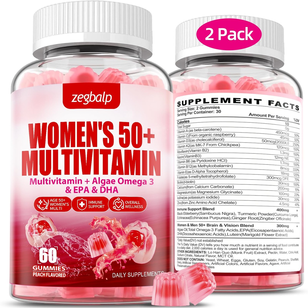 Γυναίκες χωρίς ζάχαρη Πολυβιταμίνη 50 Plus Gummies με ασβέστιο, μαγνήσιο, ψευδάργυρο, βιταμίνη Α, C, D3, E, K2, B Complex, Folate, Biotin - Multi Vitamins & Minerals for Skin, Energy, Immune Support