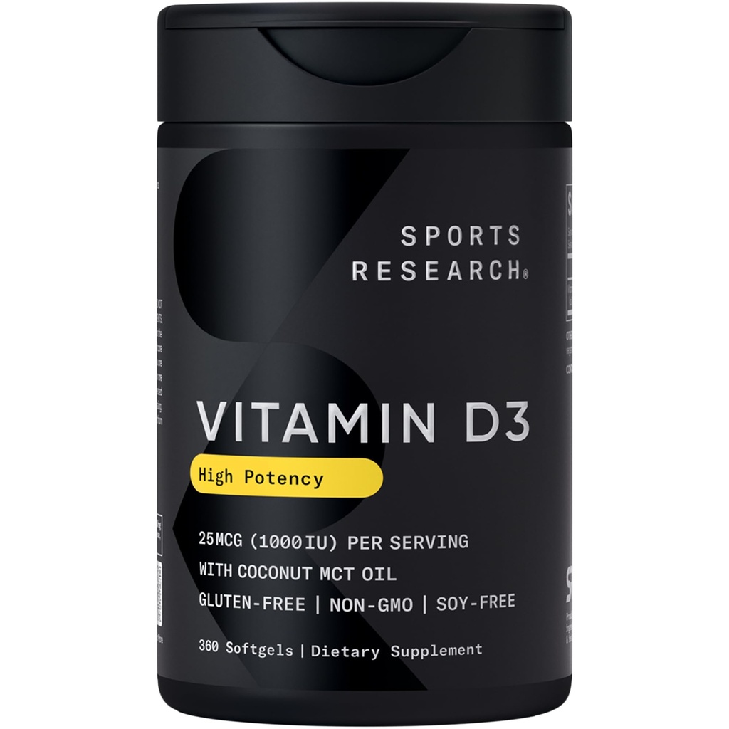 Sports Research Βιταμίνη D3 1000iu (25mcg) Εμπλουτισμένη με λάδι καρύδας ~ Ανοσοποιητική & Οστική Υποστήριξη ~ Μη ΓΤΟ Επαληθευμένο, Χωρίς σόγια & Γλουτένη (360 Mini Liquid Softgels)