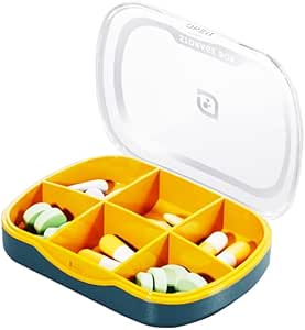 Weekly Pill Case Organizer, Small Travel Pill Box Planner 6 Tray, Cute Pocket Purse Daily Medicine Dispenser Reminder for Vitamin, Supplement, Fish Oil, Capsules, Tablet, Meds Storage Sorter