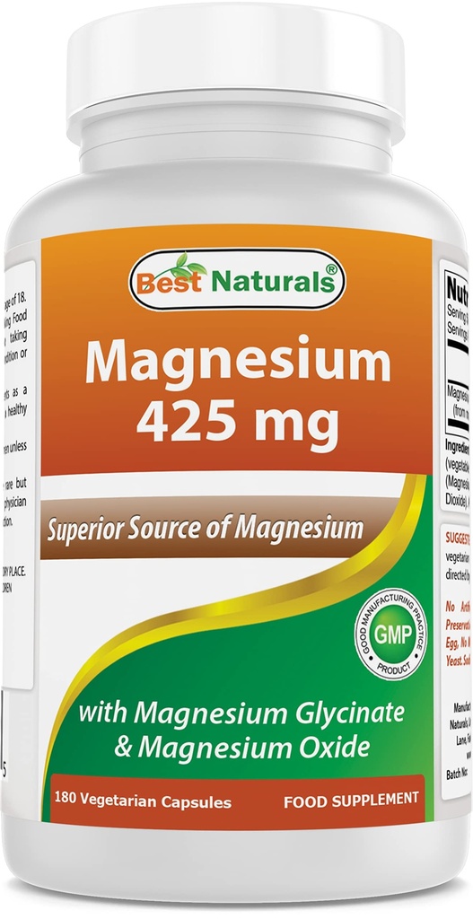 Best Naturals Μαγνήσιο 425 mg 180 Κάψουλες Veggie - Υψηλή Απορρόφηση Μαγνήσιο Γλυκινικό & Οξείδιο Μαγνήσιο Χηλικό, Μη ΓΤΟ, Χωρίς γλουτένη Μυική Χαλάρωσε (180 Count (Pack of 1))