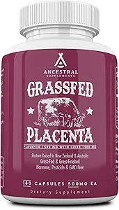 Ancestral Supplements Grass Fed Placenta Supplement with Liver, Contains Postpartum Vitamins for Women Breastfeeding, Promotes Menopause Relief, Stem Cells Support Skin Elasticity, 180 Capsules