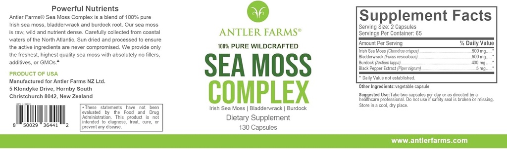 Antler Farms – 100% Pure Sea Moss Complex, 130 Capsules, Wildcrafted Irish Sea Moss, Bladderwrack, and Burdock Root – A Potent Blend for Wellness, Vegan-Friendly, Gluten, Soy, and Dairy Free