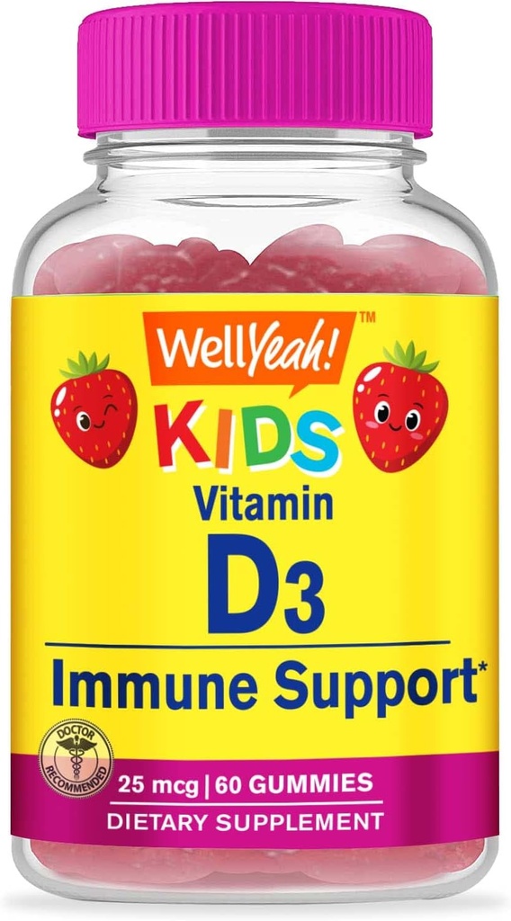 WellYeah Kids Vitamin D3 Gummies - 1000 IU (25 mcg)- Υποστηρίζει τη δύναμη των οστών και την ανοσία - Μη ΓΤΟ, Γλουτένη-ελεύθερο - Φράουλα Γεύση - Συμπλήρωμα διατροφής - 60 εξυπηρετήσεις