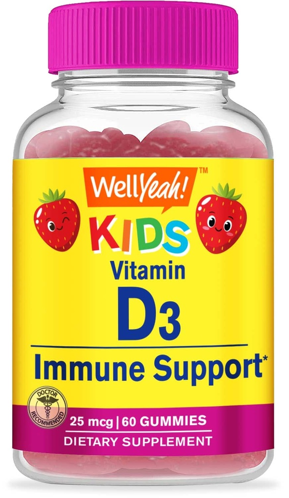 WellYeah Kids Vitamin D3 Gummies - 1000 IU (25 mcg)- Υποστηρίζει τη δύναμη των οστών και την ανοσία - Μη ΓΤΟ, Γλουτένη-ελεύθερο - Φράουλα Γεύση - Συμπλήρωμα διατροφής - 60 εξυπηρετήσεις