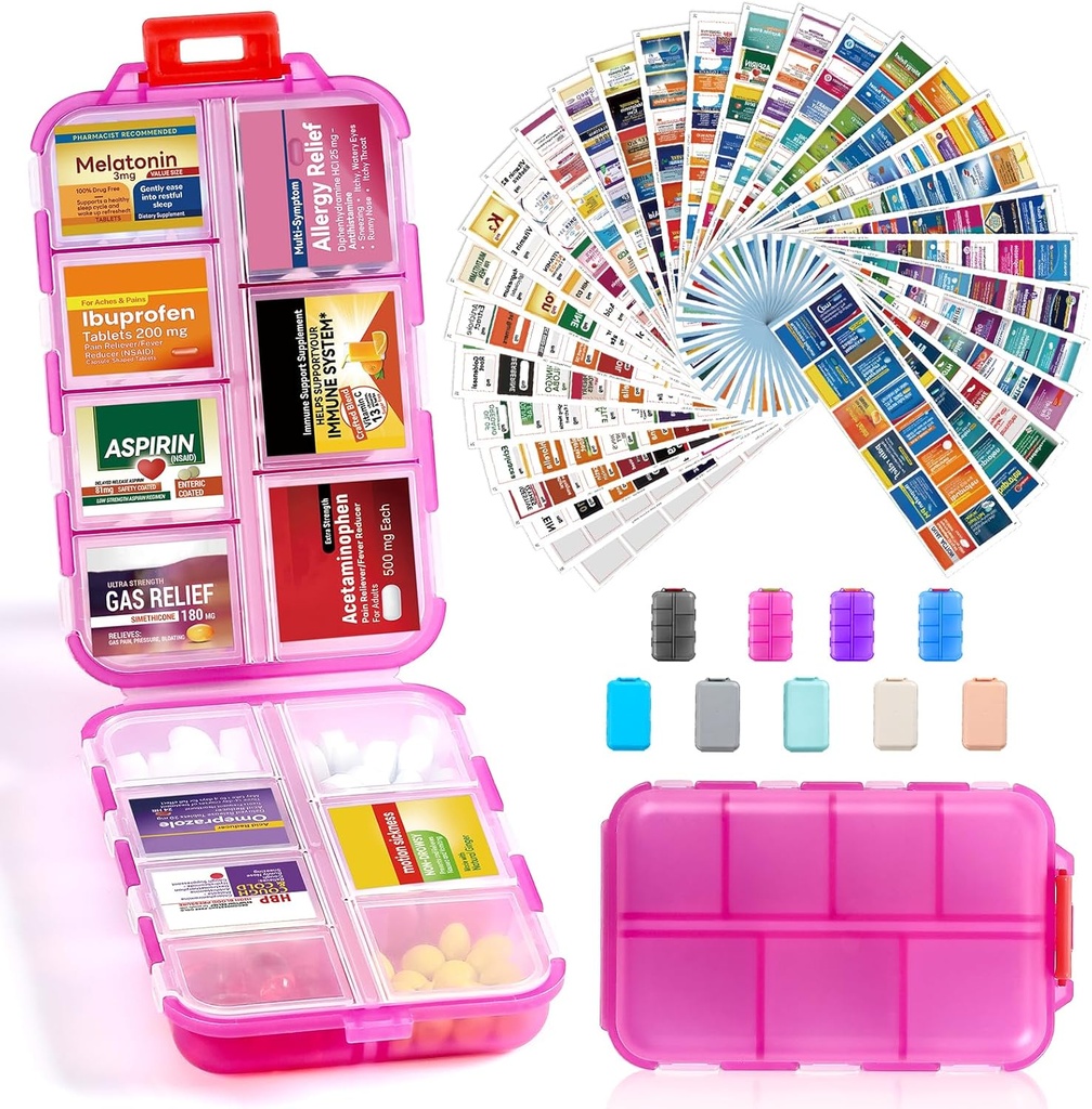 14 Grids Travel Pill Organizer Box με 415-PCs Medicine Name Labels - Pocket Daily Pharmacy Case Container Kit - Travel Medication Holder Dispenser for Fish Oil Supplement Storage - Καθαρό ροζ