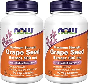 NOW Supplements, Grape Seed Extract, Maximum Strength 500 mg (a Highly Concentrated Extract with a Minimum of 90% Polyphenols), 90 Veg Capsules, Red/Brown, 0.25 pounds (Pack of 2)