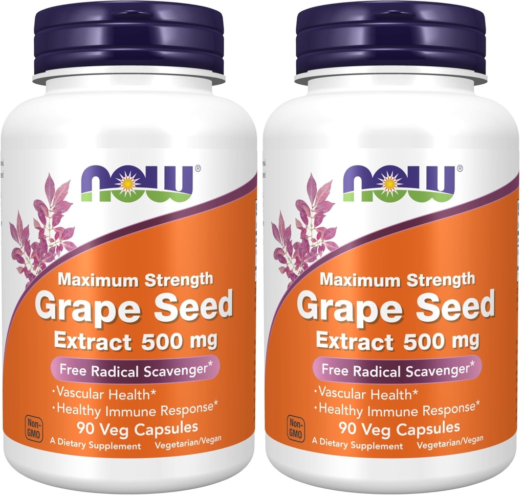 NOW Supplements, Grape Seed Extract, Maximum Strength 500 mg (a Highly Concentrated Extract with a Minimum of 90% Polyphenols), 90 Veg Capsules, Red/Brown, 0.25 pounds (Pack of 2)
