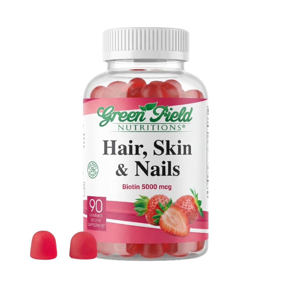 Greenfield Διατροφές - Halal Biotin Gummies Βιταμίνη για τα μαλλιά, το δέρμα και τα νύχια, Υποστηρίζει το λιπώδη μεταβολισμό, την ανάπτυξη των μαλλιών, τα ισχυρά νύχια & σαφές δέρμα, Ζελατίνη δωρεάν, μη-GMO, και γλουτένη δωρεάν - 90 Gummies