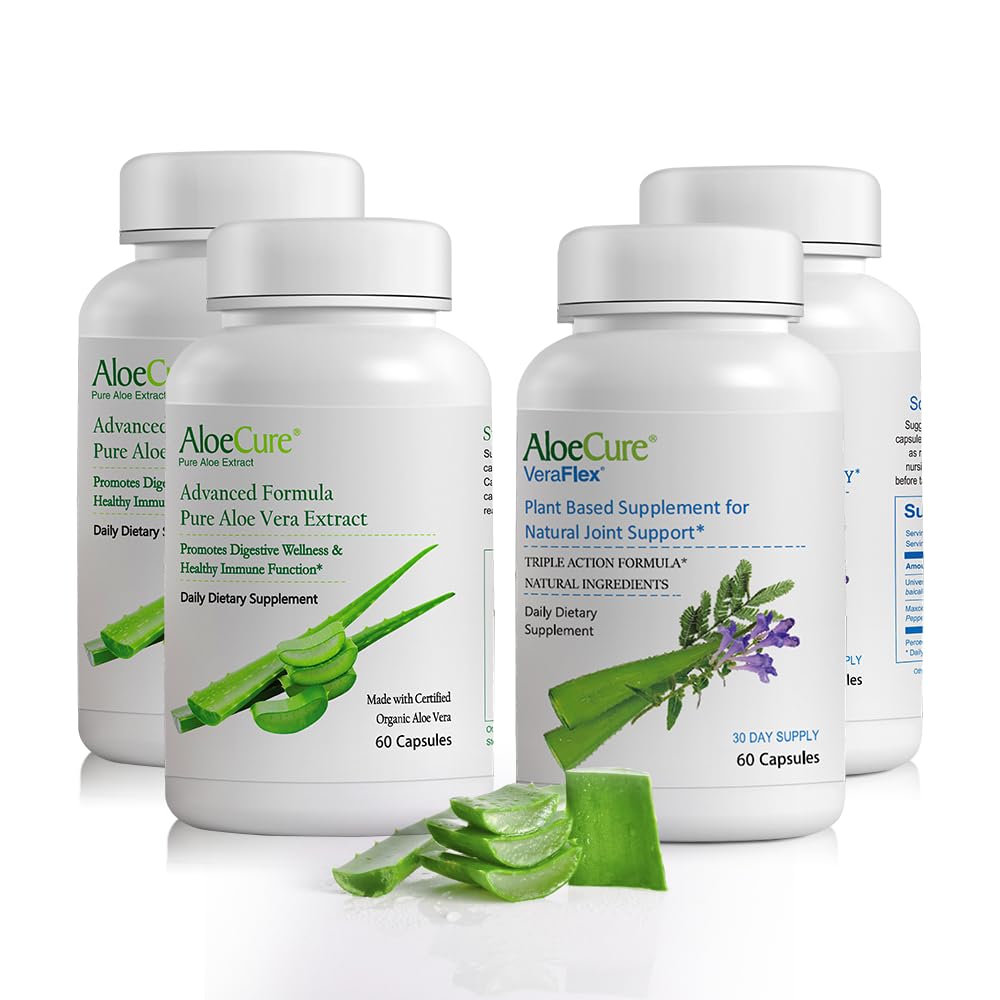 Συσκευασία καψακίων AloeCure Organic Aloe Vera - 4 κομμάτια - 2 x VeraFlex, 2 x κάψουλες Aloe Vera