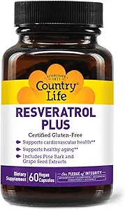 Country Life Resveratrol Plus 1000mg - Βιολογικό συμπλήρωμα αντιοξειδωτικών με εκχύλισμα κουκουναριού και σταφυλιών - Vegan, Χωρίς γλουτένη, Μη ΓΤΟ