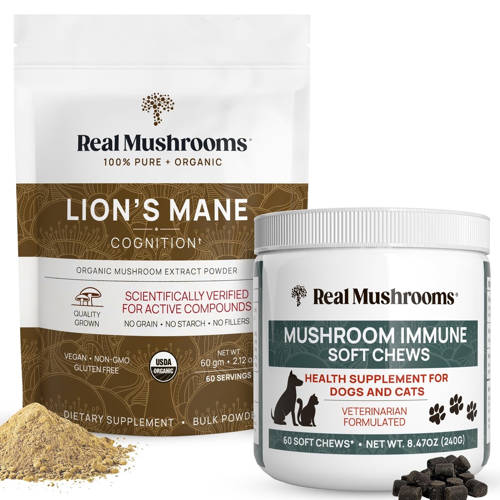 Real Mushrooms Lions Mane Powder for Humans (60g) & Mushroom Immune Pet Chews (60ct) - Bundle for Cognition & Immunity - Ashwagandha, Astragalus & More - Vegan, Non-GMO, Gluten-free, Grain-Free