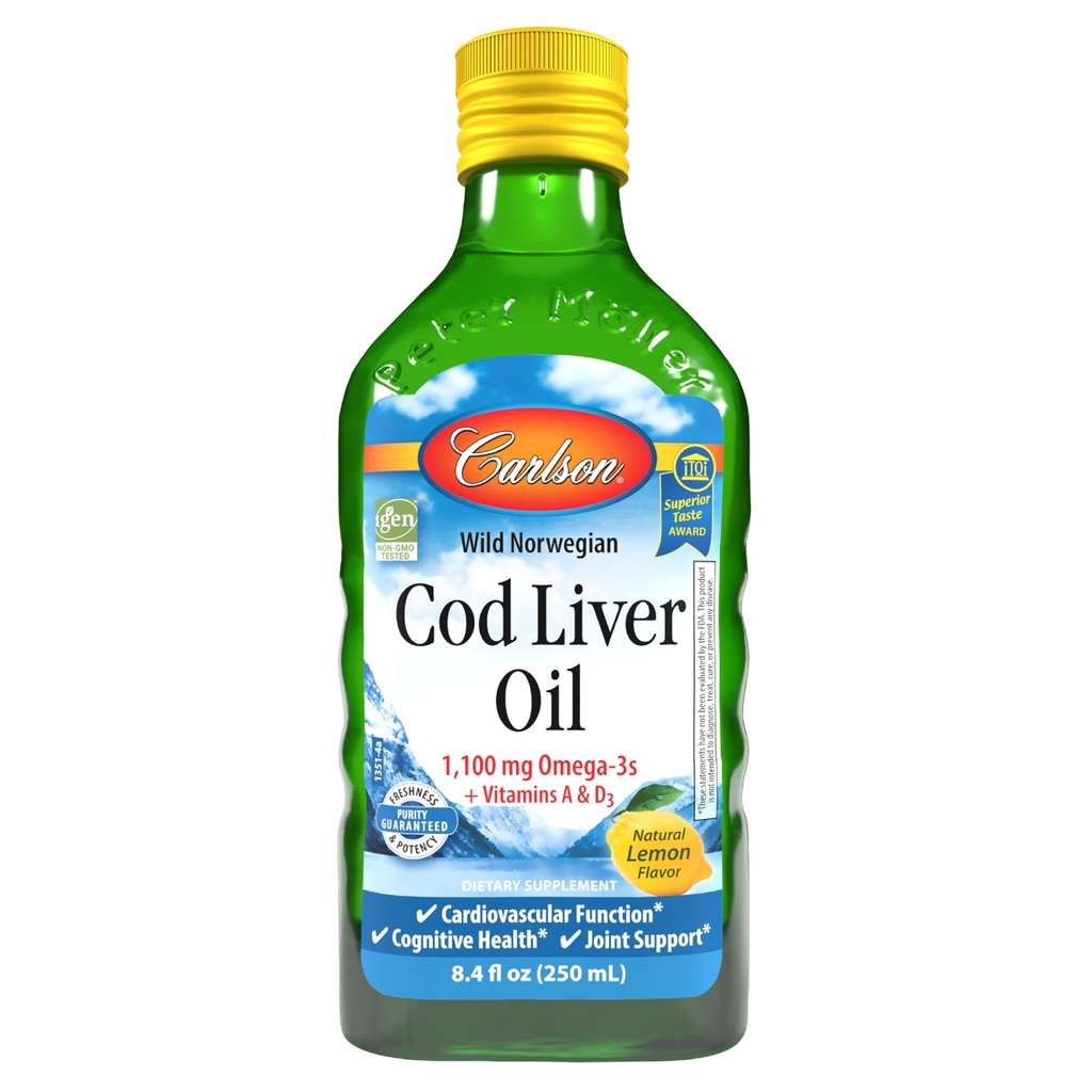 Carlson - Cod Liver Oil, 1100 mg Omega-3s, Συμπλήρωμα Υγρού ιχθυελαίου, Wild-Caught Norwegian Arctic, Sustainablely Soured Nordic Liquid, Lemon, 250 ml