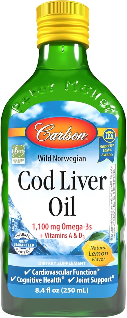 Carlson - Cod Liver Oil, 1100 mg Omega-3s, Συμπλήρωμα Υγρού ιχθυελαίου, Wild-Caught Norwegian Arctic, Sustainablely Soured Nordic Liquid, Lemon, 250 ml