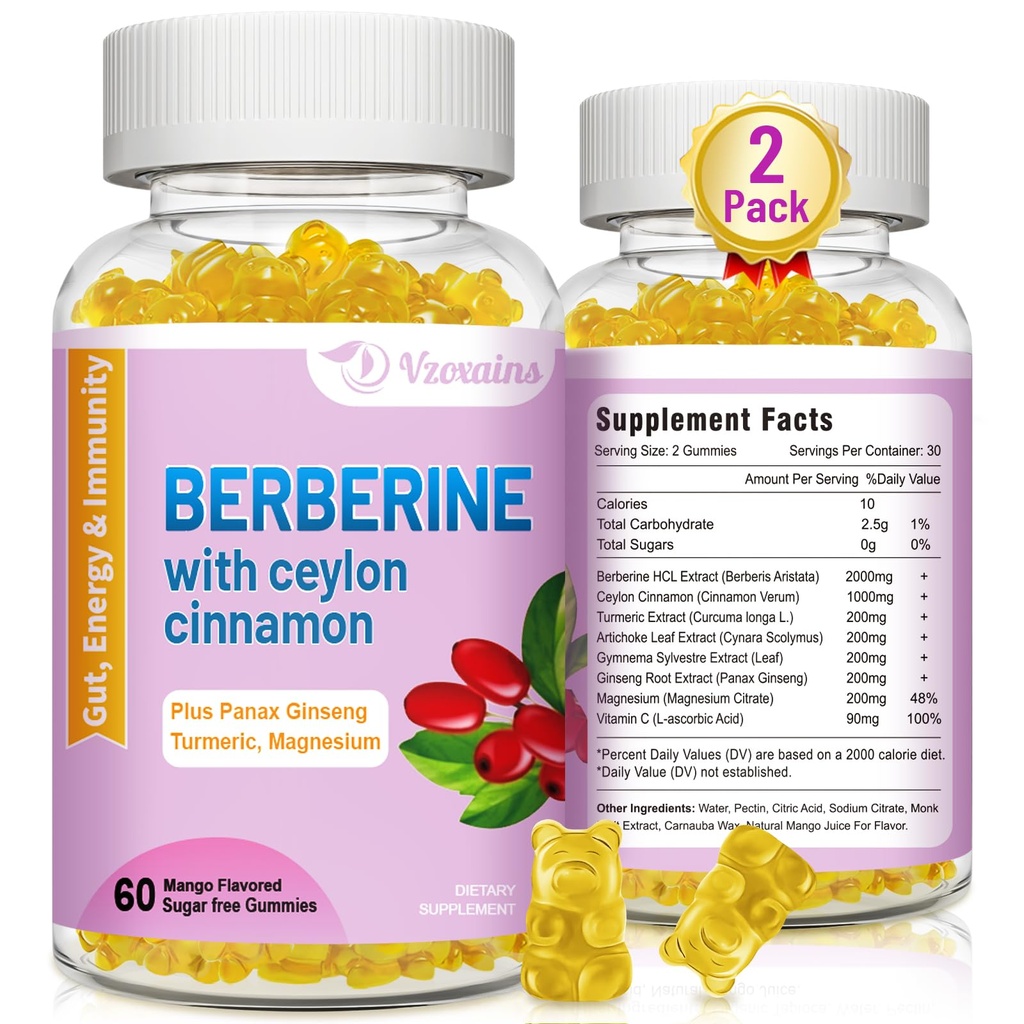 Βερβερίνη με Gummies κανέλας Κεϋλάνης, συμπλήρωμα υψηλής δυναμικής βερβερίνης HCI, υποστήριξη ανοσοποιητικής υγείας, 120 Gummies με γεύση μάνγκο