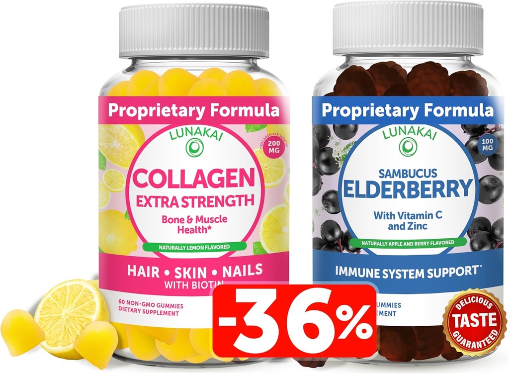 Lunakai Collagen and Elderberry Gummies Bundle - Συμπληρώματα κατά της γήρανσης για τους άνδρες και τις γυναίκες - Ανοσολογική υποστήριξη για ενήλικες και παιδιά - Vegan, μη GMO, χωρίς σιρόπι καλαμποκιού, χωρίς ζελατίνη, Όλα φυσικά μαύρο σαμπούκου