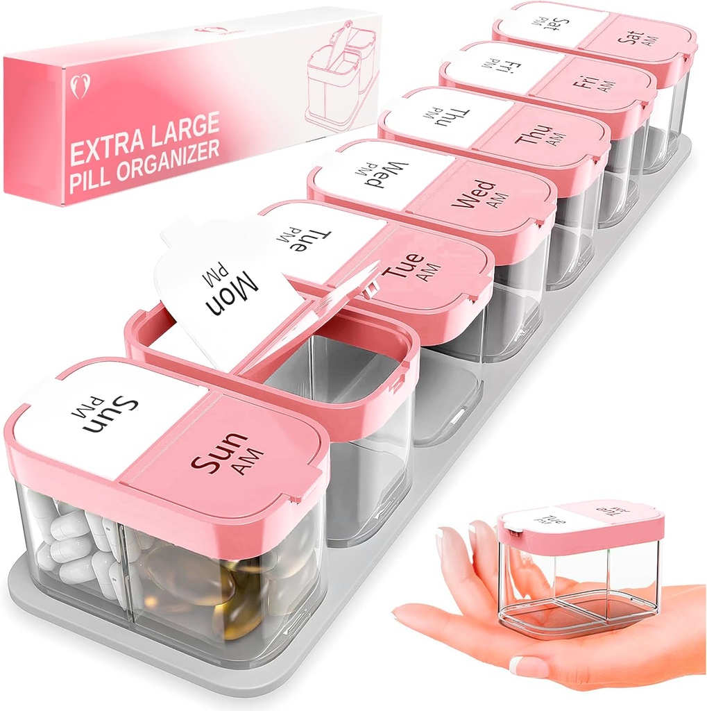 Extra Large Weekly Pill Organizer - XL Vitamin Holder με 7 αποσπώμενα διαμερίσματα AM - Φορητό φαρμακείο για το σπίτι και τα ταξίδια, Μεγάλο συμπλήρωμα εμπορευματοκιβωτίων για την καθημερινή ή εβδομαδιαία χρήση, ροζ