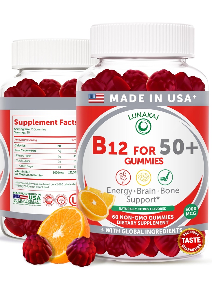 Lunakai ΗΠΑ Φτιαγμένη βιταμίνη B12 Gummies για ενήλικες 50+, μη ΓΤΟ B12 για την ενέργεια & την ζωτικότητα Boost, Delicious Orange Flavor, 60ct