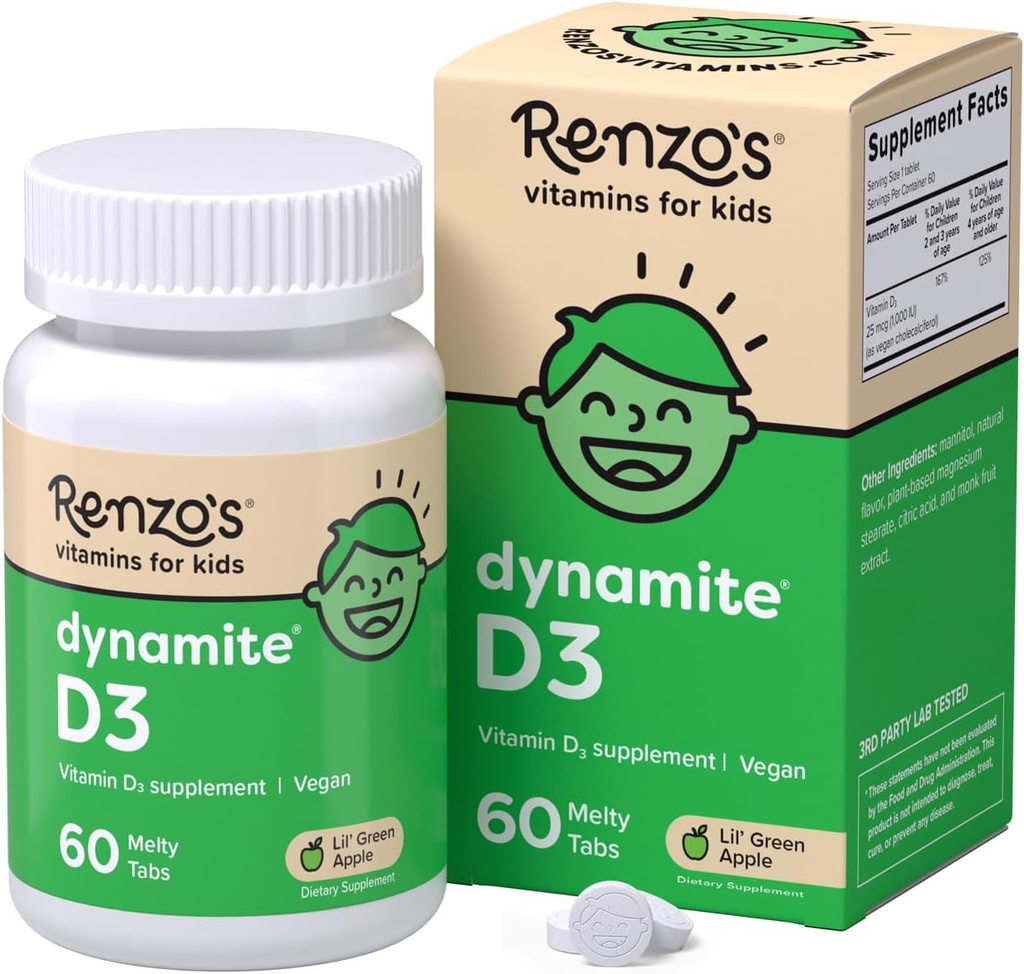 Renzo's Dynamite Vitamin D3, Dissolving Kids Vitamin D3, 60 Sugar-Free Melty Tabs, Lil’ Green Apple Flavored