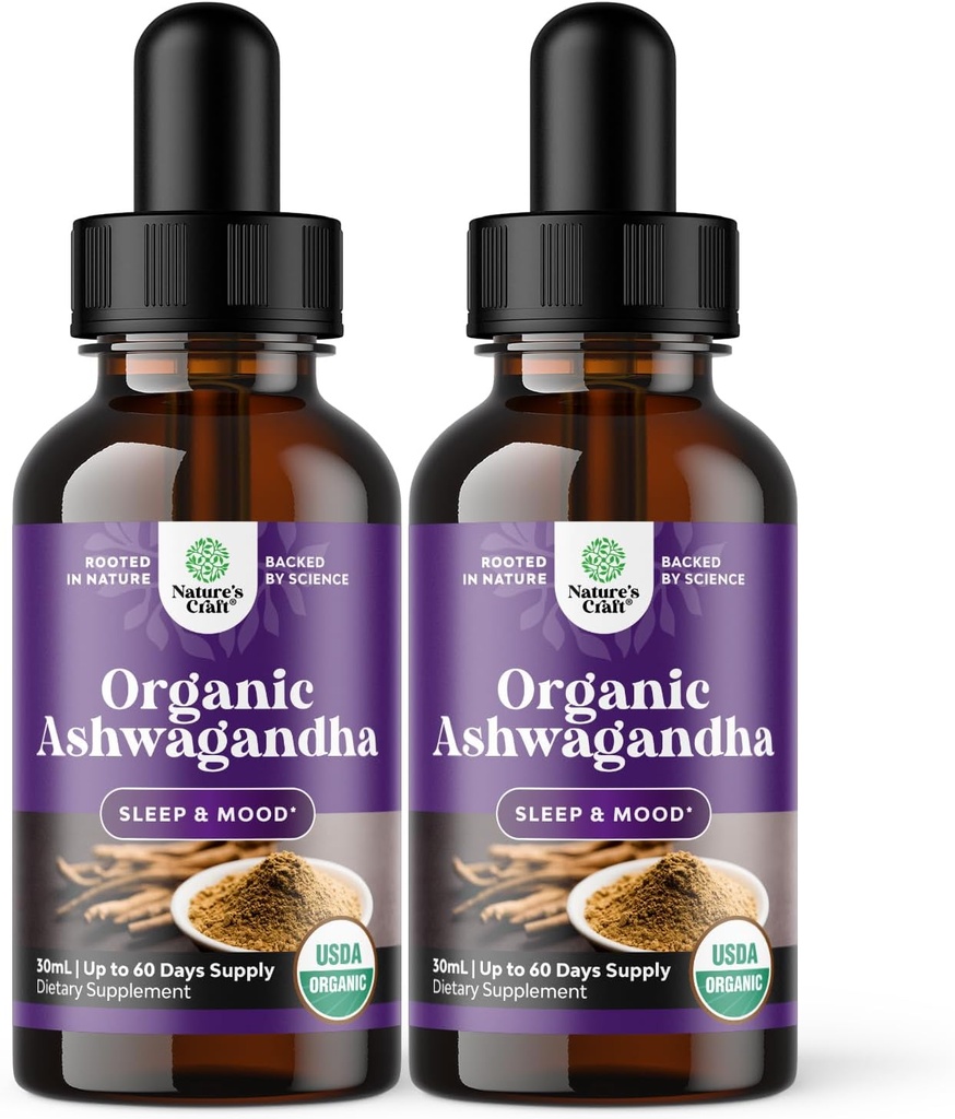 Natures Craft USDA Organic Ashwagandha Liquid Drops - Υγρό εκχύλισμα ρίζας Ashwagandha για το στρες και την υποστήριξη της διάθεσης - Νόστιμο προσαρμογόνο χρώμα μη ΓΤΟ Vegan Gluten αλκοόλη και ζάχαρη χωρίς (2 πακέτο)