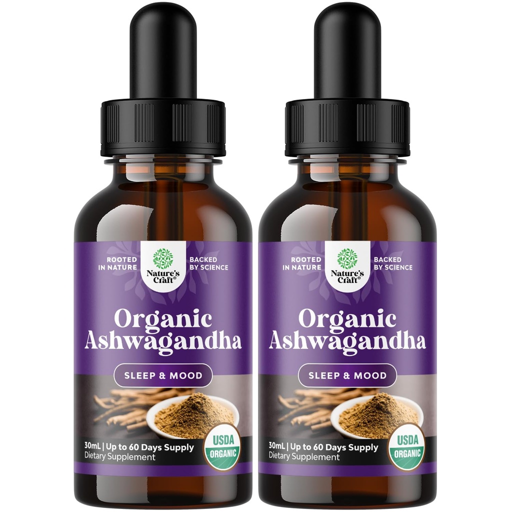 Natures Craft USDA Organic Ashwagandha Liquid Drops - Υγρό εκχύλισμα ρίζας Ashwagandha για το στρες και την υποστήριξη της διάθεσης - Νόστιμο προσαρμογόνο χρώμα μη ΓΤΟ Vegan Gluten αλκοόλη και ζάχαρη χωρίς (2 πακέτο)