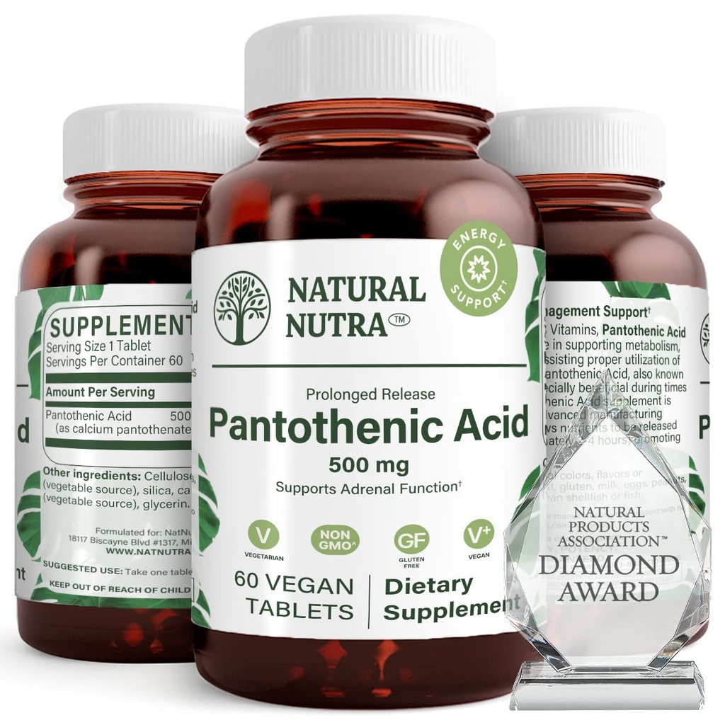 Natural Nutra Time Release Pantothenic Acid 500 mg, Βιταμίνη B5 συμπλήρωμα βοηθά στη διάσπαση του λίπους και υδατάνθρακες, Μεταβολισμός και ενέργεια, βελτίωση της μυϊκής υγείας, μείωση των σημείων του δέρματος, 60 χορτοφαγικά δισκία