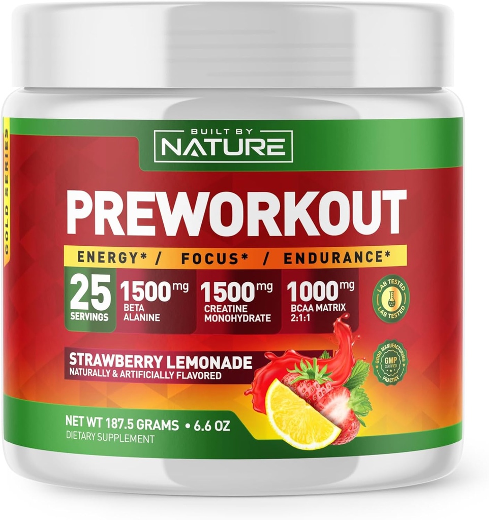 Χτισμένο από τη φύση Pre Processout σκόνη με Beta Alanine, Creatine Monohydrate, BCAA, L Citrulline, L Arginine και Caffeine - Φράουλα Λεμονάδα Γεύση - 25 Υπηρεσίες