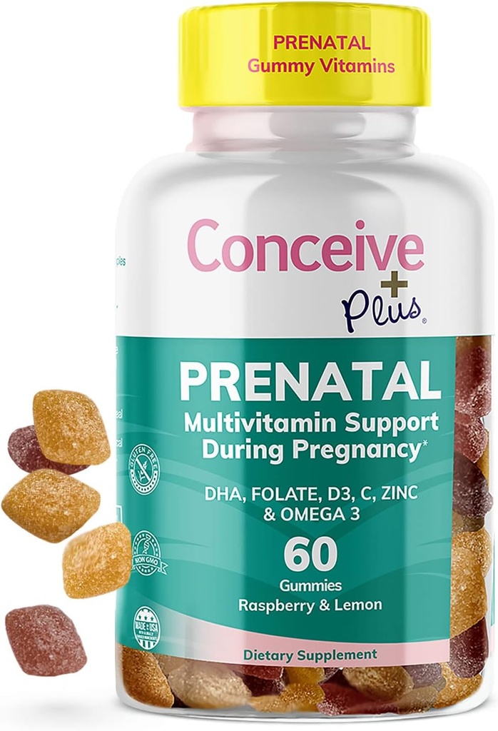 ΕΓΚΑΤΑΣΤΑΣΗ PLUS Προγεννητική Gummies - DHA, Φολικό οξύ, βιταμίνη D3, C, ψευδάργυρος, και Ωμέγα 3, Φυσικό λεμόνι + άρωμα σμέουρων, 60 κόμης, 30 ημέρες εφοδιασμού