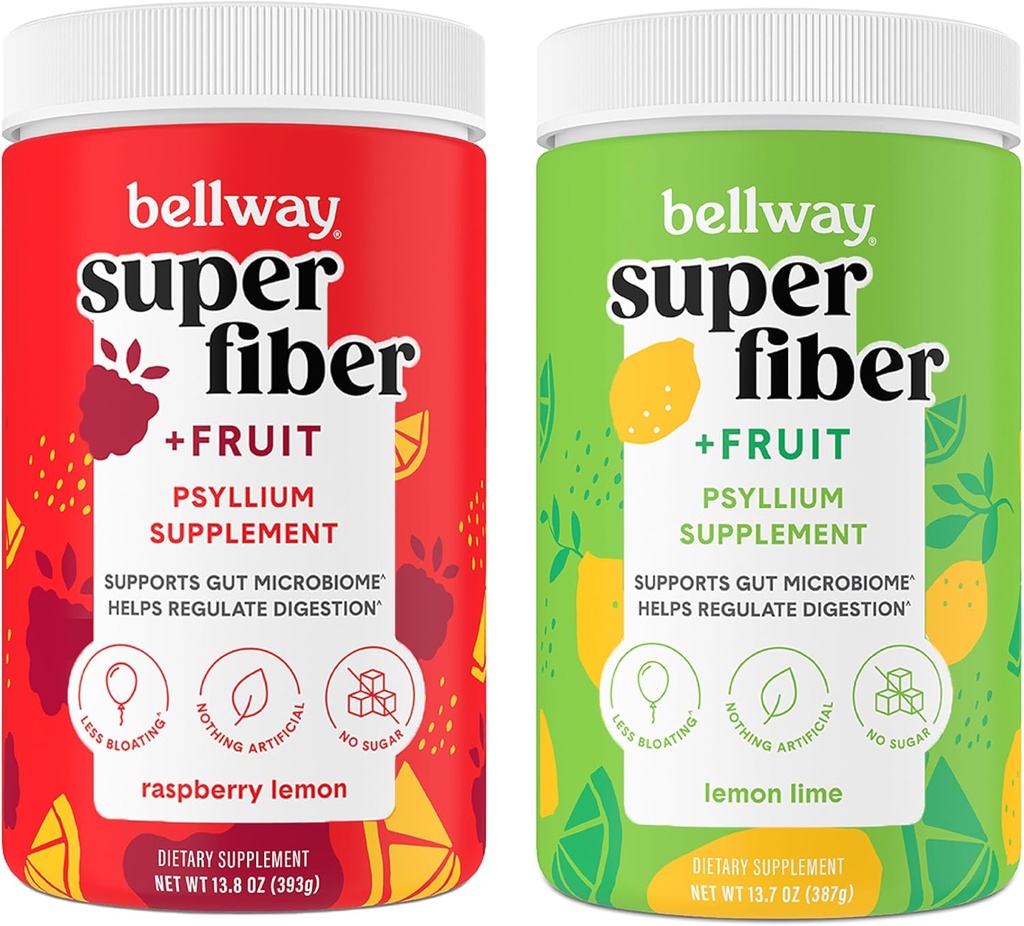 Bellway Super Fiber σκόνη + φρούτα, ζάχαρη χωρίς οργανικό Psyllium Husk Fiber συμπλήρωμα για την κανονικότητα, Bloating Relief & Gut Health, μη-GMO, φυτικής βάσης, Raspberry Lemon & λεμόνι
