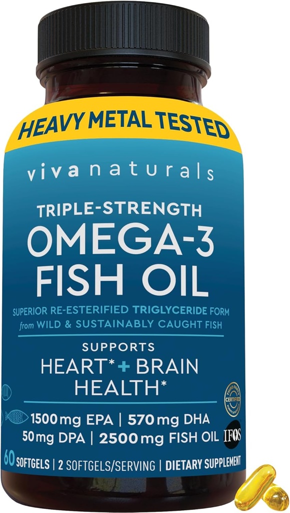 Viva Naturals Omega-3 Fish Oil, Triple Strength, 2500 mg, 60 Softgels – Re-Esterified Omega 3 Λιπαρά Οξέα Συμπεριλαμβανομένων EPA, DHA, DPA - Pascatarian-Friendly