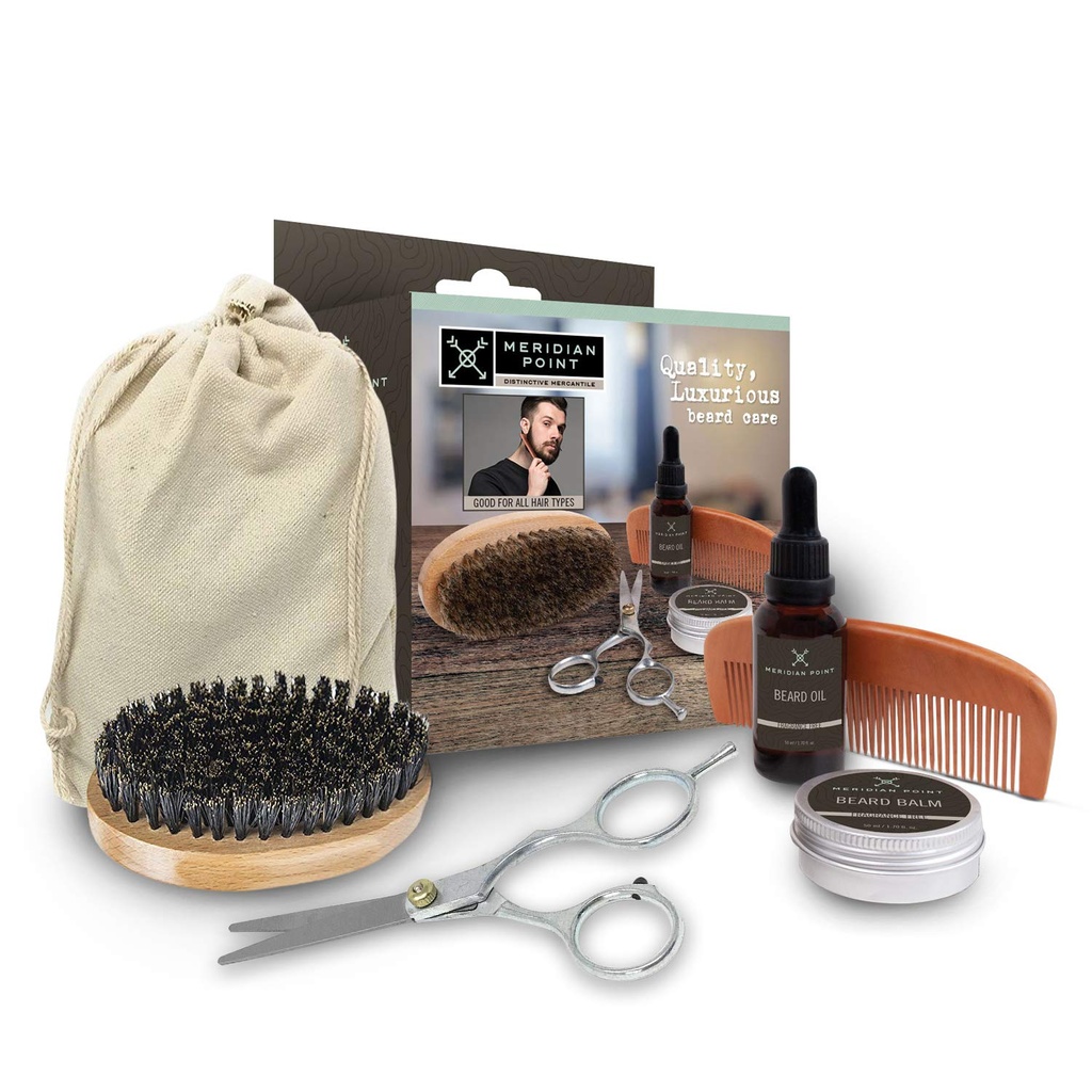 Beard Grooming Kit For Men Beard Care Kit Includes Accessories - Unscented Natural Beard Balm and Oil, Wooden Comb and Boar Bristles Brush, Stainless Steel Scissors