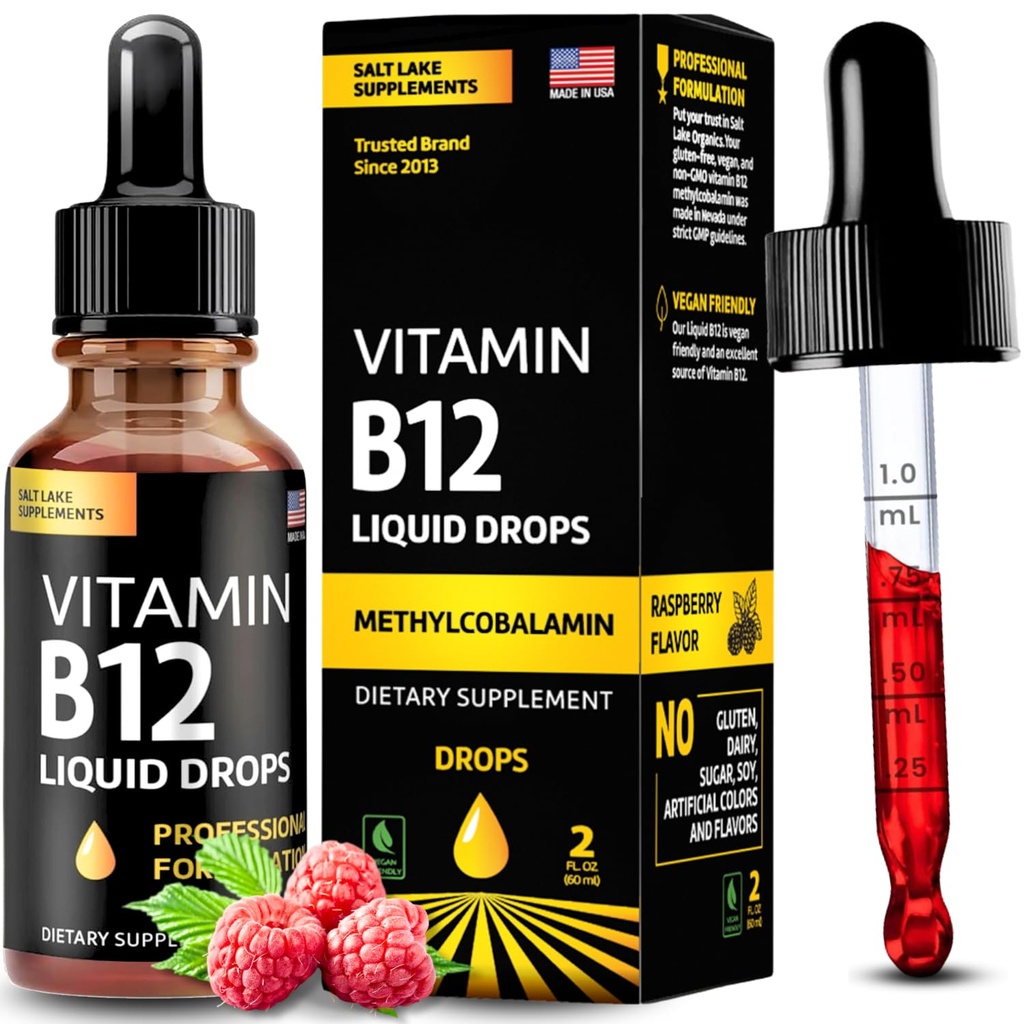 Vitamin B12 Liquid Drops - Vegan B12 vitamins 5000 mcg Methylcobalamin Fast-Acting Sublingual B Complex Liquid Vitamin B2, B3, B6 - Non-GMO, No Dairy, Soy & Sugar, Raspberry Flavor, 2 fl. oz.