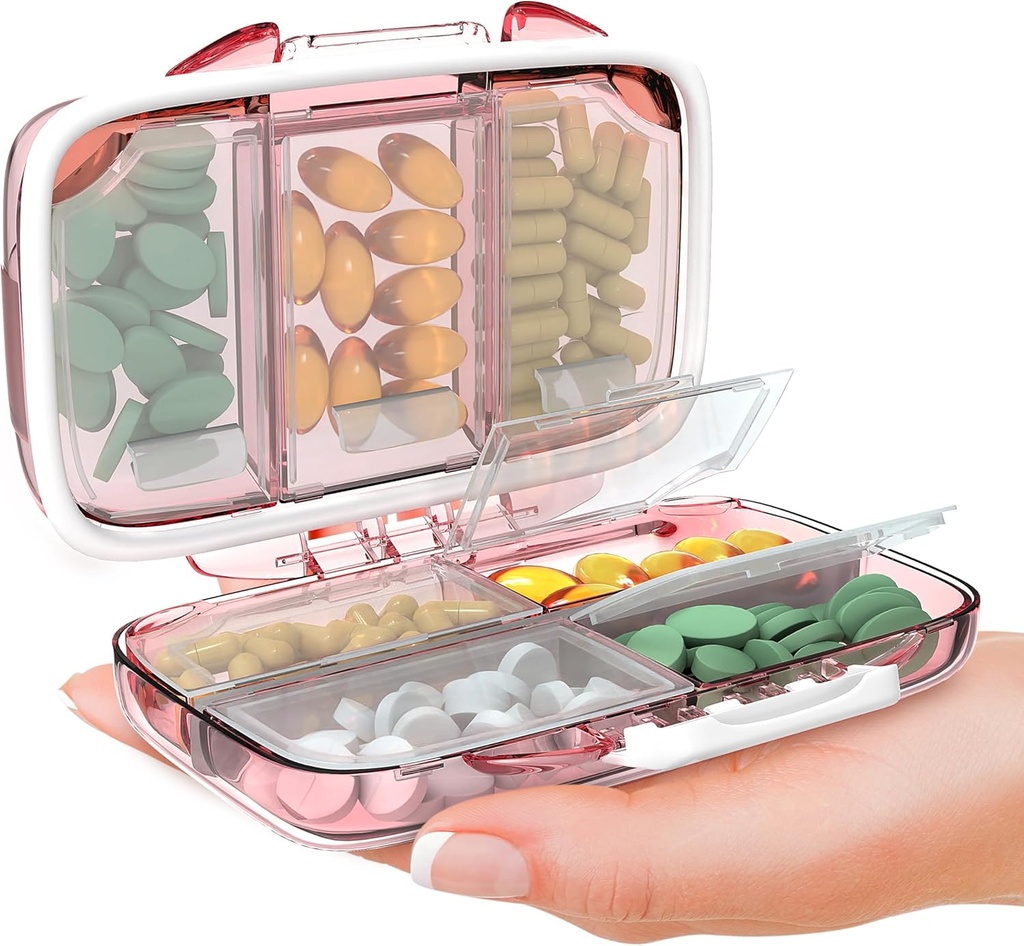 Travel Pill Organizer - Moisture Proof Φορητός κάτοχος βιταμινών με 7 διαμερίσματα, Compact Case Συμπληρωματικό για Punce Essential Medicine Kit fot Ταξιδεύοντας Pocket Pharmacy με ετικέτες, ροζ