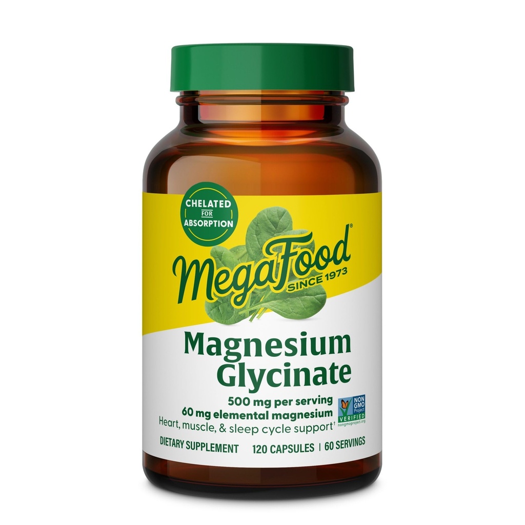 MegaFood Μαγνήσιο Γλυκινικό 500mg - Χηλικό μαγνήσιο συμπλήρωμα - 60mg Στομαχικό μαγνήσιο - Απαλό στο στομάχι - Υποστηρίζει φυσιολογικό κύκλο ύπνου & υγιής αντίδραση στρες - 120 κάψουλες 60 εξυπηρετούν