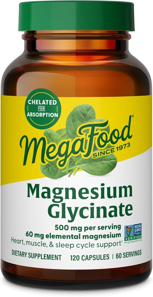 MegaFood Magnesium Glycinate 500mg - Chelated Magnesium Supplement - 60mg Elemental Magnesium - Gentle on the Stomach - Supports Normal Sleep Cycle & Healthy Stress Response - 120 Capsules 60 Servings