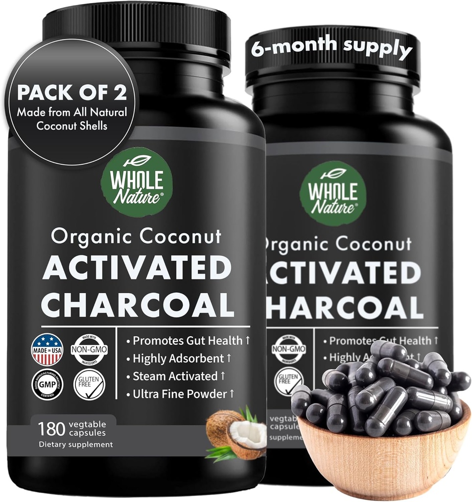 Coconut Activated Charcoal Capsules, 180 Charcoal Capsules, Teeth Whitening, Helps Constipation, Bloating, Stomach Gas, Heartburn, Pure Coconut Derived Supplement (2)